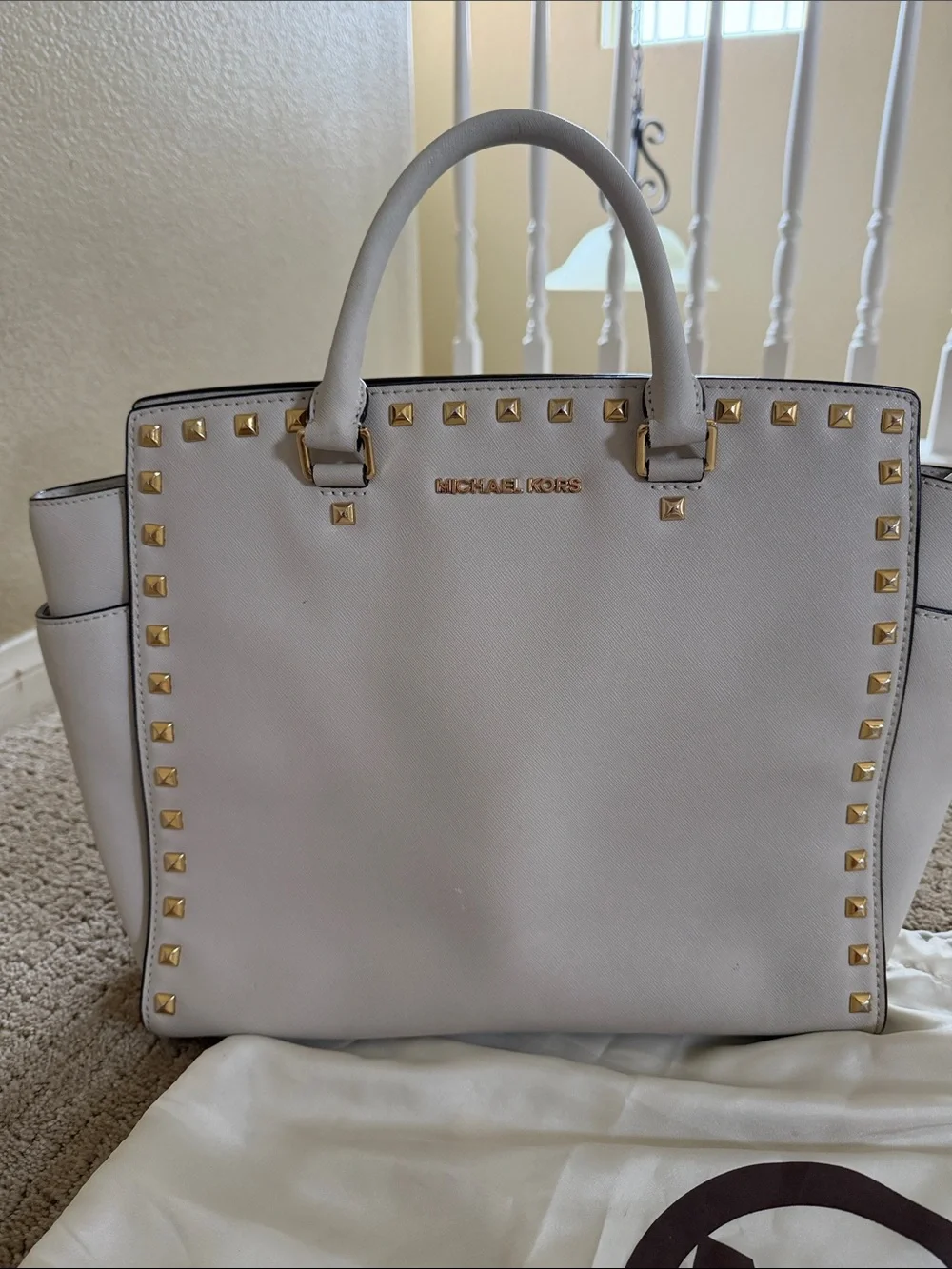 Michael Kors Gold-Studded Saffiano Tote in Light Cream